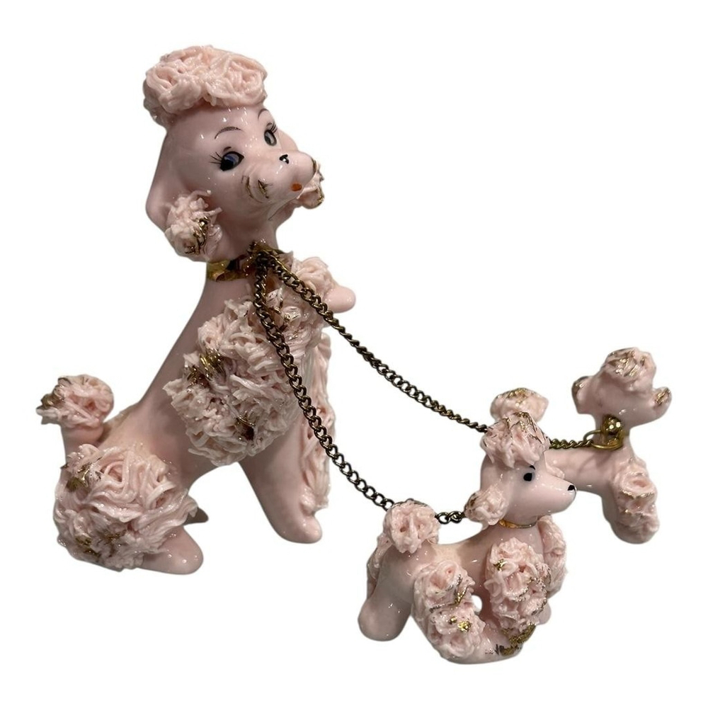Vintage Napco Pink Spaghetti Poodle Dog Mom & Pups Chain Japan Ceramic Figurine